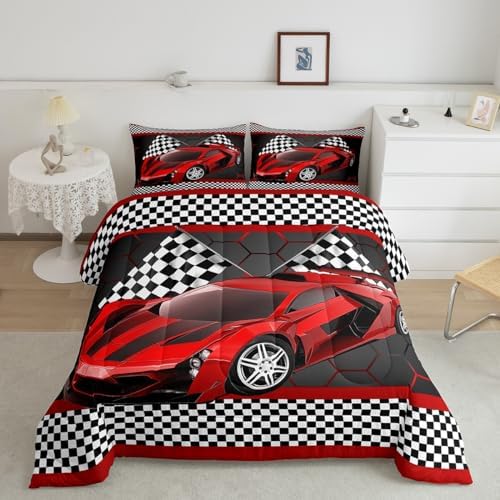 Feelyou Race Car Comforter Set for Kids Boys Black White Checkered Flag