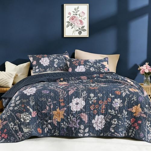 Litanika Floral Dark Blue Quilt - 3Pcs Botanical Birds Bedding Set