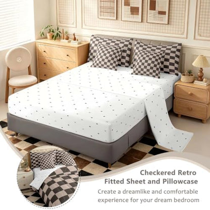 Feelyou Checkered Retro 7 Piece Bedding Set Teen Women Men Gradient Brown Plaid Comforter Set with Sheets King Size Kids Boys Geometric Vintage Bed in a Bag Modern Simple Groovy Aesthetic Room Decor