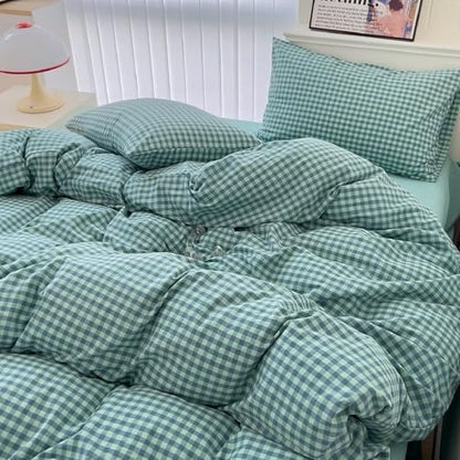 LifeTB Green Gingham Comforter Set King 3 Pieces Plaid Checkered Pattern Comforter Green Blue Grid Bed Comforter Set with 2 Pillowcases Fluffy Soft Checkered Comforter Grid Farmhouse Bedding Set
