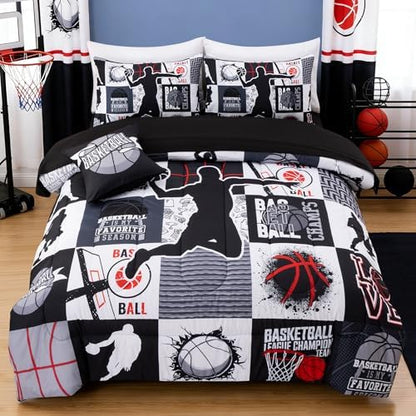 Aimuan Basketball Bedding Set for Boys Kids Teens, Soft Black and Red Sports Geometric Grid Patchwork Theme Basketball Bedding Sets Queen Size, Black