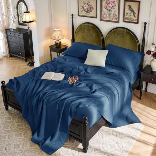 SONORO KATE 100% French Linen Queen Size Sheets Set,Natural Flax Bedding
