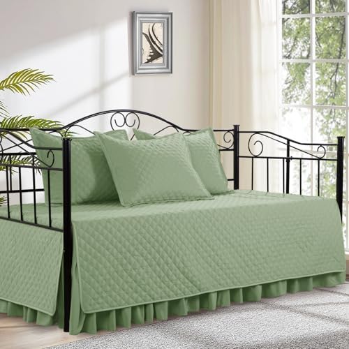 HOMBYS Daybed Cover Sets- Diamond Stitching Daybed Bedding Set, All Season Cozy Bedding with Bedskirt with Shams, Microfiber Filling, 5 Pieces, Sage Green