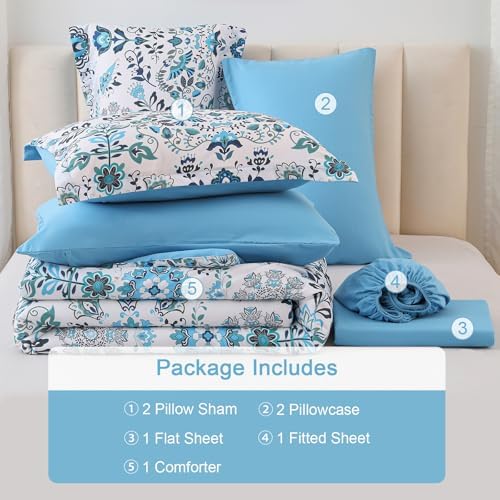 DHSFKBE Boho Comforter Set Queen - 7 Pieces Bed in a Bag Floral Design, Bohemian Comforter Set with Sheets, Soft Microfiber Complete Bedding Sets All Season (Light Blue, Queen)