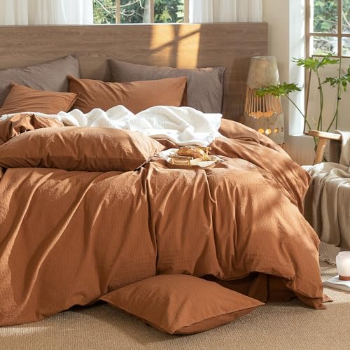 MooMee Wavy Striped Duvet Cover Set 100% Washed Cotton Linen Like Textured Breathable Durable Soft Comfy (Dark Orange, Queen 90"x90")