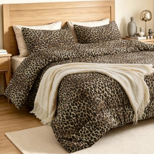 Full Comforter Set, Soft Brown Leopard Cheetah Bedding, 3 Pieces