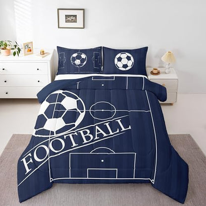 Erosebridal Boys Football King Comforter Set for Kids Child Sports Theme Bedding Set, Ball Gamer Bedding Comforter Sets Navy Blue Reversible Duvet Set, Football Field Quilted Comforter