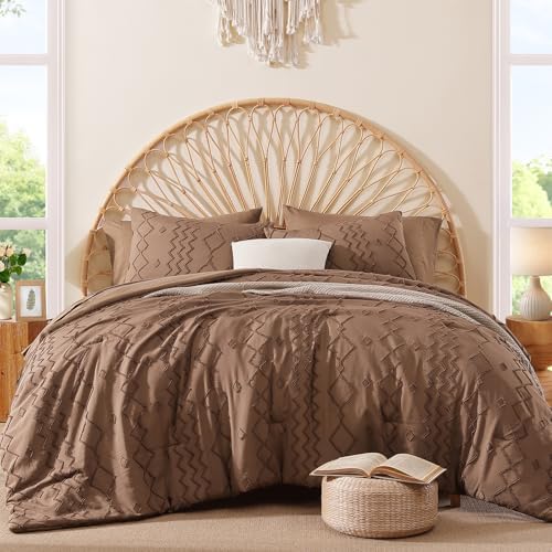 Full Size Comforter Set Brown Tufted Boho Geometric Bedding Sets 7 Pieces