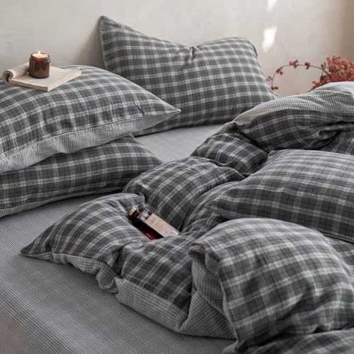 Vintage Buffalo Plaid Duvet Cover Twin XL 100% Cotton Muslin Retro Grey Plaid Grid Gingham Bedding Set Breathable Gauze Comforter Cover 3 Piece Farmhouse Gingham Duvet Cover with Zipper Closure