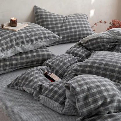 Vintage Buffalo Plaid Duvet Cover Twin XL 100% Cotton Muslin Retro Grey Plaid Grid Gingham Bedding Set Breathable Gauze Comforter Cover 3 Piece Farmhouse Gingham Duvet Cover with Zipper Closure