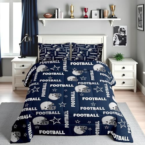 American Football Bedding Set Twin Size for Kids Boys,Navy Blue Grey Helmet Stars Print Comforter Set Teens Room Decor,Cowboys Men Football Sports Quilt Set Vintage Style Duvet Insert 2Pcs