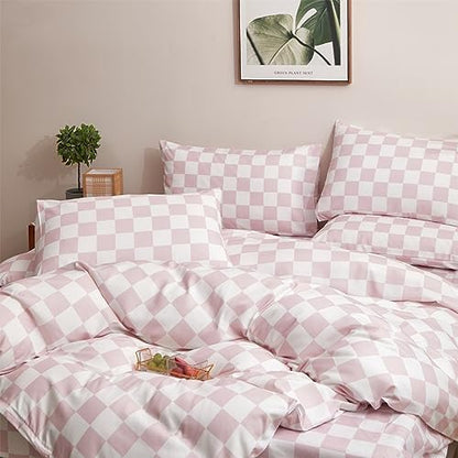 Wellboo Pink White Plaid Comforter Sets King Women Men Bean Pink and White Checkerboard Grid Bedding Comforters Cotton Boys Girls Modern Dusty Pink Checkered Geometric Quilts Luxury Abstract Bed