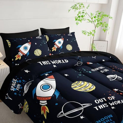 7Pcs Space Comforter Set Astronaut Space Rocket Printed Bedding Set with 1 Comforter, 1 Flat Sheet, 1 Fitted Sheet and 4 Pillowcases for Boys and Girls Bedroom (Astronaut Queen