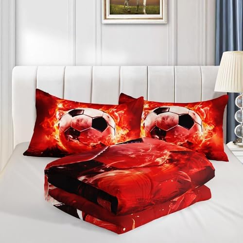 Red Soccer Bedding Comforter Set Queen Size with 2 Pillowcases.