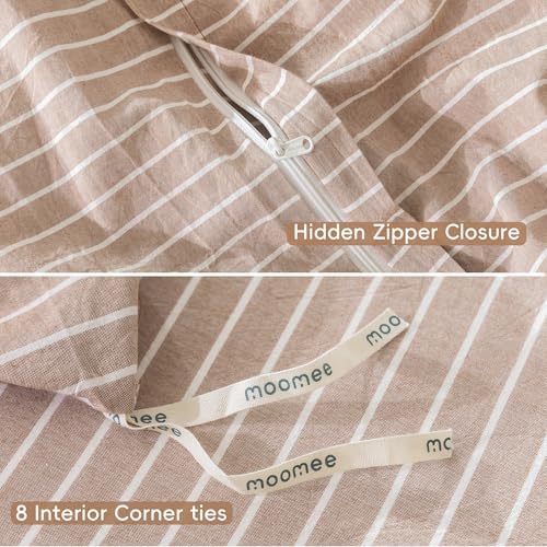 MooMee Striped Duvet Cover Set 100% Washed Cotton Linen Like Queen
