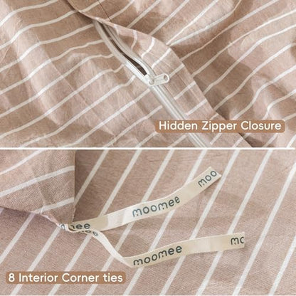 MooMee Striped Duvet Cover Set 100% Washed Cotton Linen Like Queen