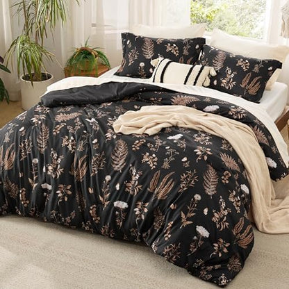 Bedsure Black Floral King Size Comforter, Breathable Fall Bedding 3 Pcs