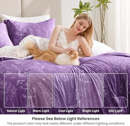 Love's cabin Dark Purple Full Comforter Set - Full Size Comforter Set, 3 Pieces Cute Floral Bedding Sets for All Seasons,1 Soft Reversible Botanical Flowers Comforter and 2 Pillow Shams