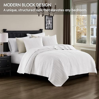 palassio White 100% Cotton Quilt Twin Size Bedding Sets with 1 Pillow Sham, Textured Lightweight Soft Bedspread Shabby Chic Coverlet, Quilted Thin Comforter Bed Cover for All Season, 2 Pieces