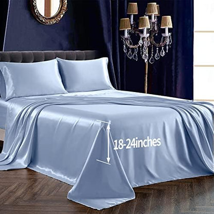 SiinvdaBZX 4Pcs Extra Deep Pocket Satin Sheet Set Queen Size, Baby Blue