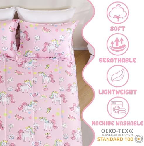 Yibeizi Pink Unicorn Bed Comforter Set for Girls Twin Size Bedding