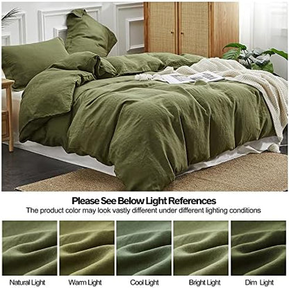 Simple&Opulence 100% Linen Duvet Cover Set 2pcs Basic Style Natural French Washed Flax Solid Color Soft Breathable Farmhouse Bedding with Button Closure - Olive Green, Twin
