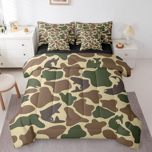 Erosebridal Bass Fish Queen Comforter Set Fishing Camo Bedding Sets 7Pcs Rustic Farmhouse Bed in a Bag Army Camouflage Sheet Set with Comforter Vintage Brown Green Decor Bed Set Outdoor Camping Gifts