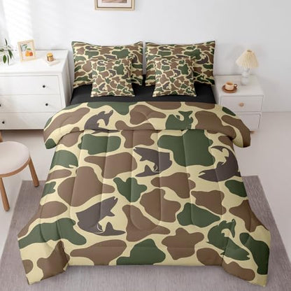 Erosebridal Bass Fish Comforter Set Twin Fishing Camo Bedding Sets 7Pcs Rustic Farmhouse Bed in a Bag Army Camouflage Sheet Set with Comforter Vintage Brown Green Decor Bed Set Outdoor Camping Gifts