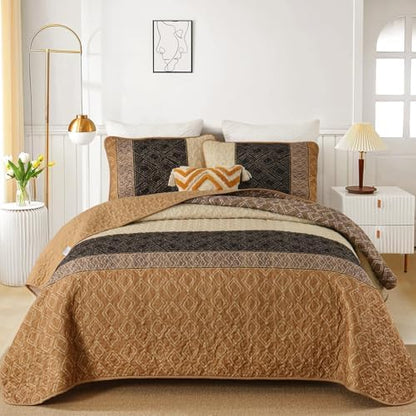 Cottolester Fall Quilt Set California King,3 Pcs Boho Striped Bedspread