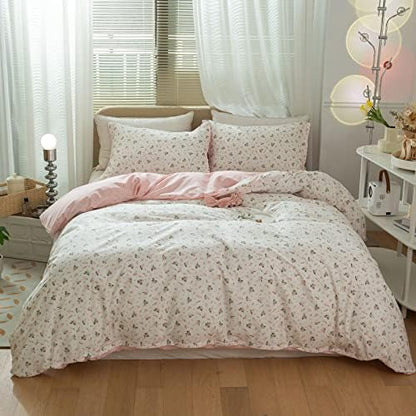 VM VOUGEMARKET Pink White Duvet Cover Queen 100% Cotton Girls Flower Bedding Set Aesthetic Princess Style Reversible Duvet Cover Set with Zipper &Ties(3 pcs,Queen)