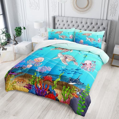 Turtle Comforter Set Queen Ocean Watercolor Sea Turtle Bedding Set Tropical Fish Marine Life Bed Set with 2 Pillowcases for Kids Room Decor