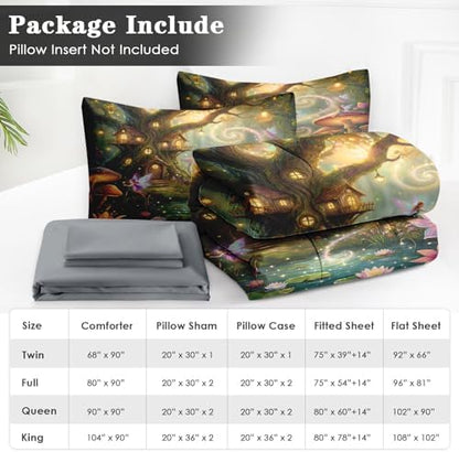 WeCozy King Comforter Set with Sheets, 7 Pieces Fairy Mushroom Bedding