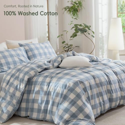 JIYUAN California King Washed Cotton Duvet Cover Set, Buffalo Check