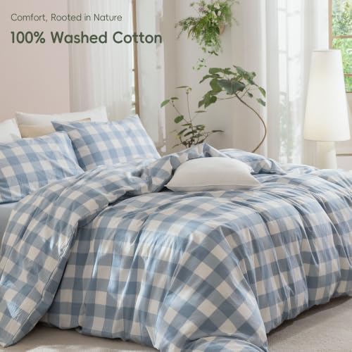 JIYUAN Full Washed Cotton Duvet Cover Set, 3-Piece, Buffalo Check