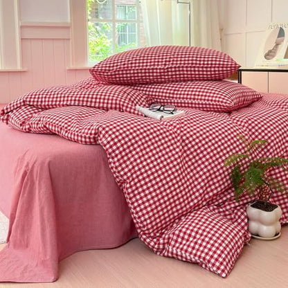 LifeTB Red Gingham Comforter Set King Modern Style Boho Plaid Comforter Set 3 Pieces Soft Fluffy Grid Checkered Pattern Comforter with 2 Pillowcases Farmhouse Gingham Plaid Bedding Set Breathable