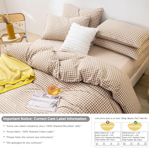 mixinni Tan Gingham Comforter Set King, Plaid Comforter Set 3 Pieces 1 Beige Grid Comfoter with 2 Pillow Cases for All Seasons, Soft Fluffy Modern Grid Pattern Printed Bedding-King Size
