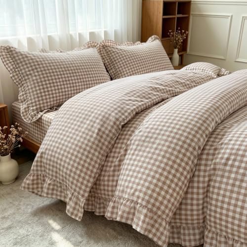 Nayoroom Brown Ruffle Gingham Comforter Set Queen Plaid Checkered Bedding