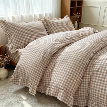 Nayoroom Brown Ruffle Gingham Comforter Set Full Plaid Checkered Bedding