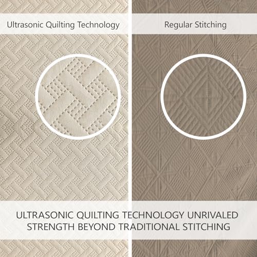 FLYMME Beige King Quilt Bedspreads,Modern Style Geometric Weave Stripe Pattern, 3 Pieces Lightweight Bedding Sets, Microfiber Quilted Comforter Coverlet for All Season (1 Quilt, 2 Shams)