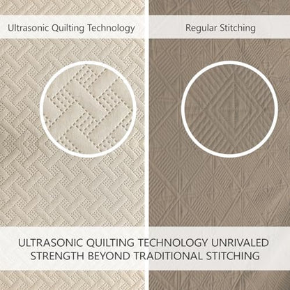 FLYMME Beige King Quilt Bedspreads,Modern Style Geometric Weave Stripe Pattern, 3 Pieces Lightweight Bedding Sets, Microfiber Quilted Comforter Coverlet for All Season (1 Quilt, 2 Shams)