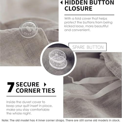 Simple&Opulence 100% Linen Duvet Cover Set 3pcs Basic Style Natural French Washed Flax Solid Color Soft Breathable Farmhouse Bedding with Button Closure - Linen, Queen