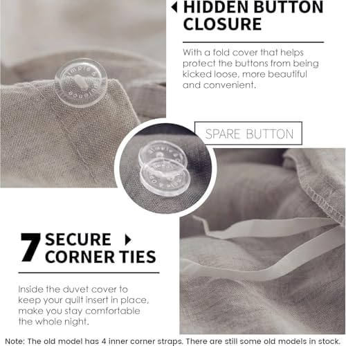 Simple&Opulence 100% Linen Duvet Cover Set 3pcs Basic Style Natural French Washed Flax Solid Color Soft Breathable Farmhouse Bedding with Button Closure - Linen, King