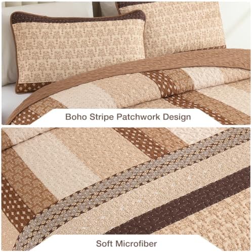 WONGS BEDDING Boho Queen Size Quilt Set, Brown Striped Bedspread