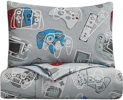 Kids Rule Glow in The Dark Gamer Bedding Set - Glow in The Dark Gamer Comforter - Vibrant Game Controller Print & Gaming Sheets - Full 7-Piece Boys Bedding Set - Full Size, Blue & Grey - Pack of 7