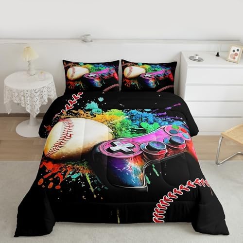 Castle Fairy Baseball Gamepad Twin Size Comforter Set for All Seasons,Kids Baseball Gaming Bedding Set Teens Bedroom Decor,Ball Sports Game Tie Dyed Comforter Inner Fill with 1 Pillowcase