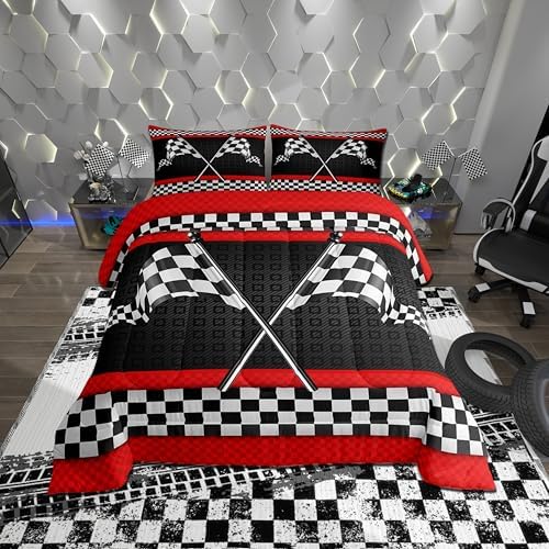 Castle Fairy Race Car Themed Comforter Set Queen Size,Black White Checkered Flag Print Bedding Set for Women Adult,Red Stripes Geometric Grid Plaid Luxury Bed Duvet Insert, 2 Pillowcases