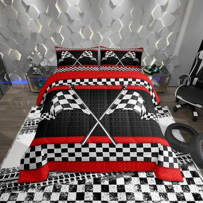 Castle Fairy Race Car Themed Full Size Comforter Set,Black White Checkered Flag Print Bedding Comforters Bedroom Collection,Red Stripes Geometric Grid Plaid Bedding Set for Girls Teens