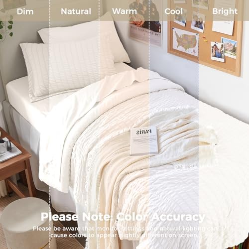 HYMOKEGE Ivory Twin XL Comforter Set Seersucker 5 Pieces, All Season Luxury Bed in a Bag for Bedroom, Bedding Set with Comforter, Sheets, Pillowcase & Sham
