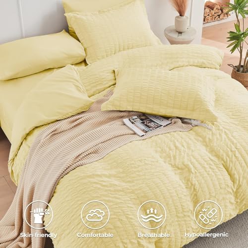 HYMOKEGE Yellow King Size Comforter Set Seersucker 7 Pieces, All Season Luxury Bed in a Bag for Bedroom, Bedding Set with Comforter, Sheets, Pillowcases & Shams