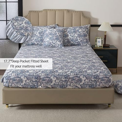 FADFAY Blue Toile Sheets Set Full French Country Vintage Farmhouse Bedding Exotic Scenic Chinoiserie Floral Bedding 100% Egyptian Cotton Soft Breathable Sheet Set with Deep Pocket Fitted Sheet 4Pcs